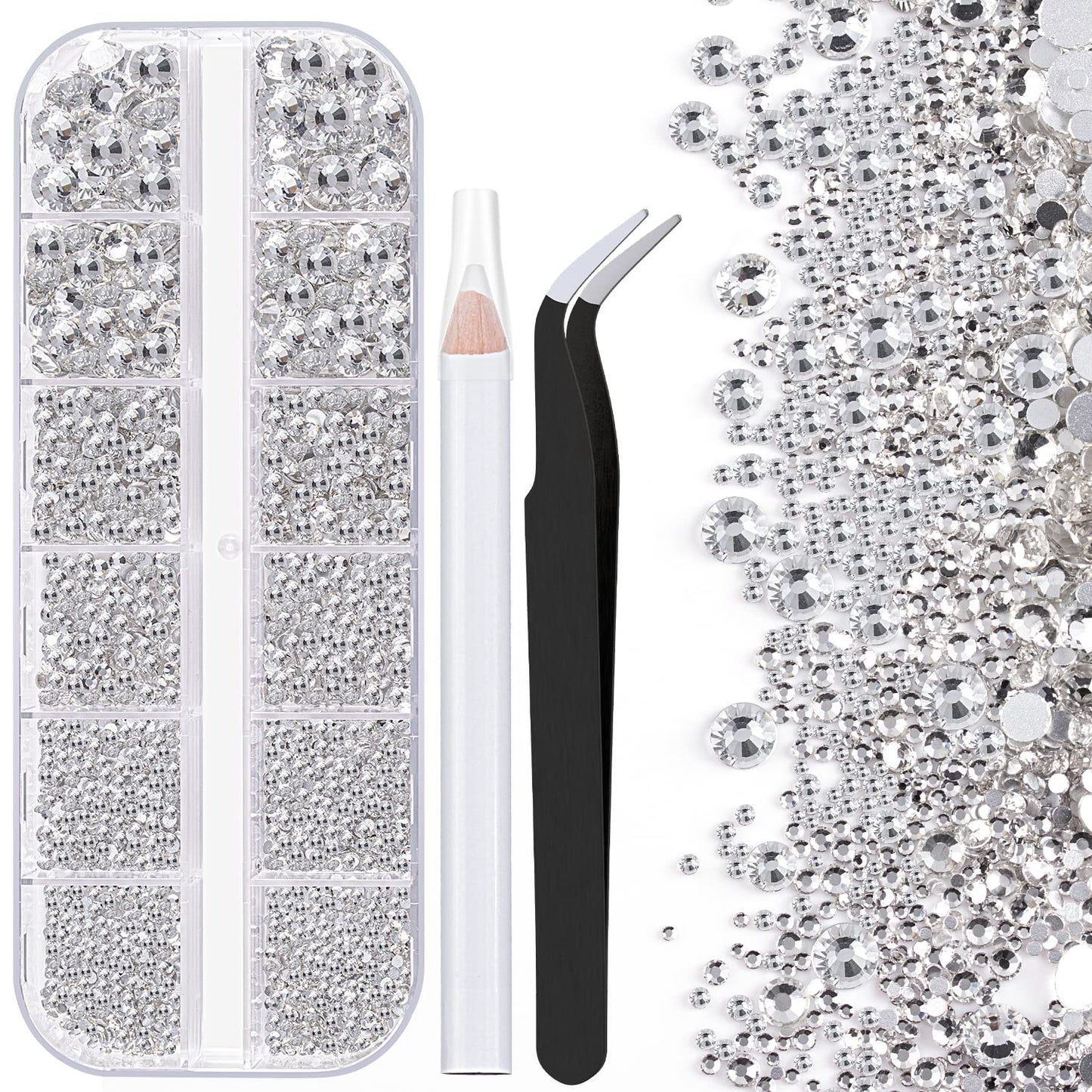 One Pack 2000 Pcs of Flatback Transparent White Clear Round Crystal Rhinestones 6 Sizes (1.5-6 mm) with Nail Art Rhinestone Picker Pencil and Tweezer for DIY and Salon Use-Velvo Beauty
