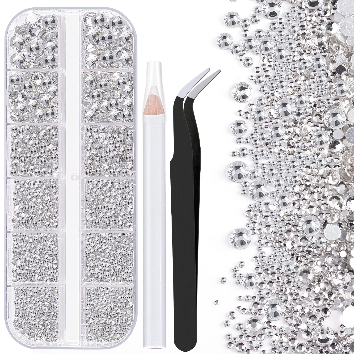One Pack 2000 Pcs of Flatback Transparent White Clear Round Crystal Rhinestones 6 Sizes (1.5-6 mm) with Nail Art Rhinestone Picker Pencil and Tweezer for DIY and Salon Use-Velvo Beauty
