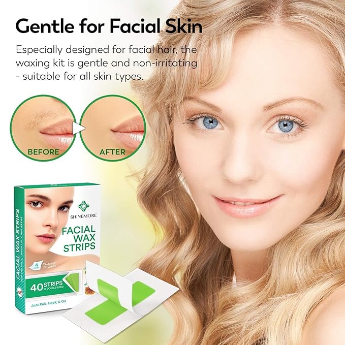 ShineMore Facial Wax Strips for hair removal - Hypoallergenic for All Skin Types - - Gentle and Fast-Working for Face, Eyebrow, Upper Lip, and Chin (40 Women Wax Strips + 4 Calming Oil Wipes NATURE NATION Ingredients )-Velvo Beauty