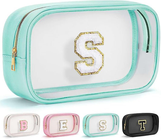 YOOLIFE Initial Make Up Bag Travel Toiletry Bag, Clear Makeup Bag Preppy Cosmetic Bags Organizer Travel Essentials Gifts for Women Teen Girlfriend Teacher Mom Birthday Mothers Day Gifts Blue S-Velvo Beauty