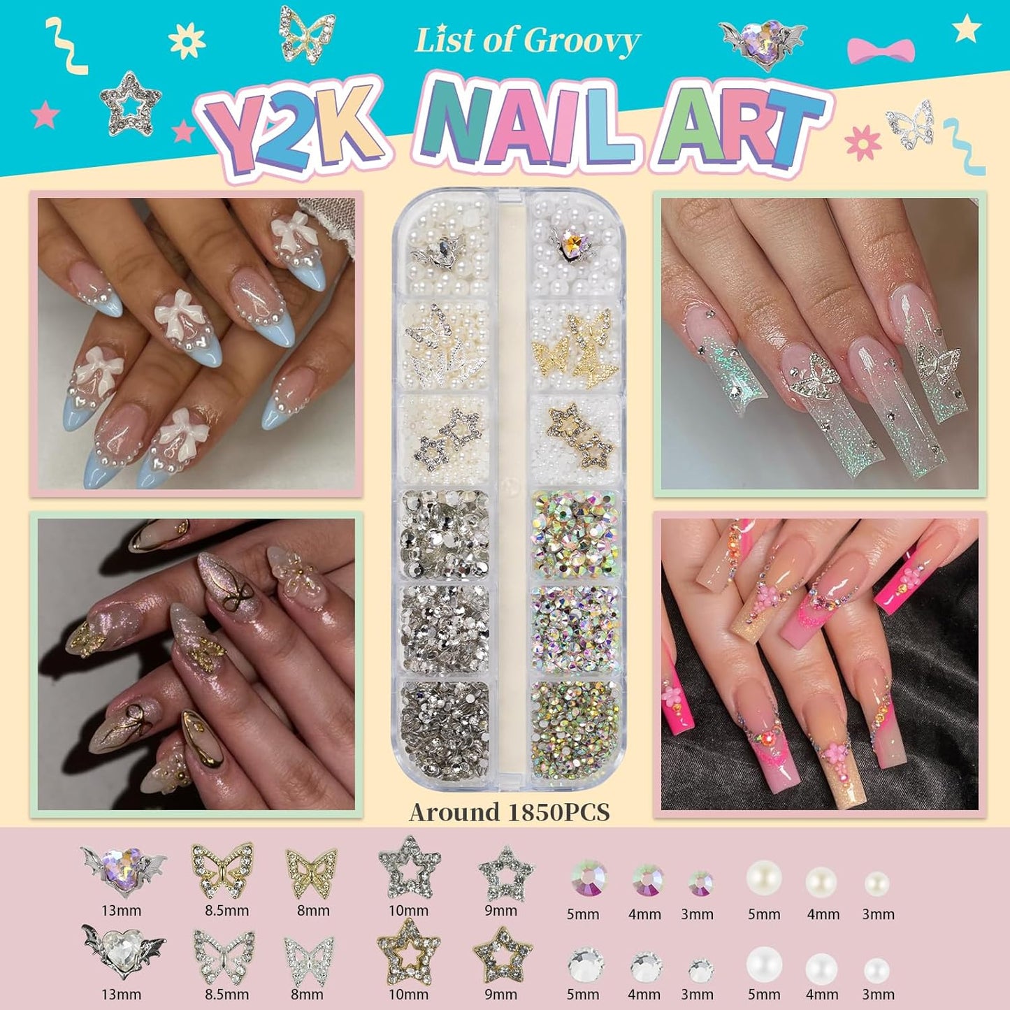 Nail Rhinestones , AB Crystal Nail Gems Flat Back Nail Rhinestones with Nail Pearls Star Heart Bows FLower Nail Charms and Rhinestone Picker Tools for Kwaii Y2K Nail Art Decor - 3 Boxes-Velvo Beauty
