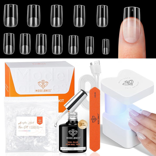modelones Short Square Gel Nail Tips Kit, 9-in-One Nail Glue with Portable U V Lamp 216Pcs 12Sizes Pre-Etched Press ons Fake Acrylic Extension Kit DIY Salon Gift for Women-Velvo Beauty