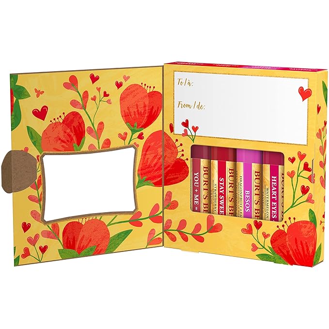 Burt's Bees Bee Mine Lip Balm Gift Set, Strawberry, Dragonfruit Lemon, Pomegranate and Watermelon, 4 Personalized Lip Balms, Pack May Vary-Velvo Beauty