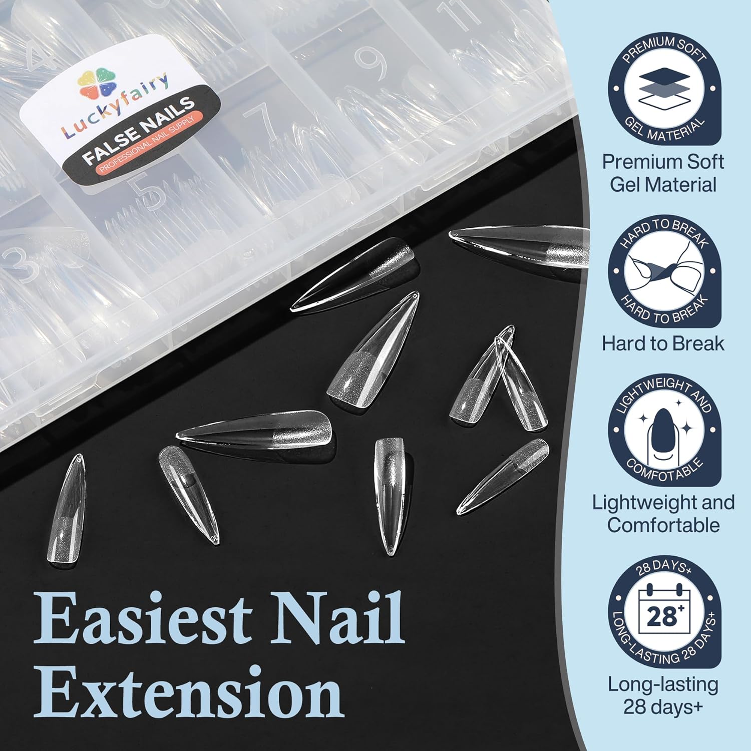 Stiletto Nail Tips Extra Long 240Pcs Pre-shaped Full Cover Fake Nail Tips No Filed Soft Gel Stiletto Acrylic Nails for Soak Off Nail Extension Nail Art DIY 12Sizes-Velvo Beauty