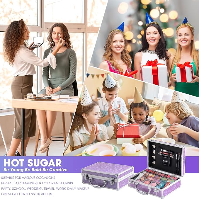 Hot Sugar Makeup Kit for Teenager Girls - Full Starter Cosmetics Set with Eye Shadow Lip Balm Blush Lip Gloss Brush Lip Pencil Eye Pencil and Mirror (Purple Love)-Velvo Beauty