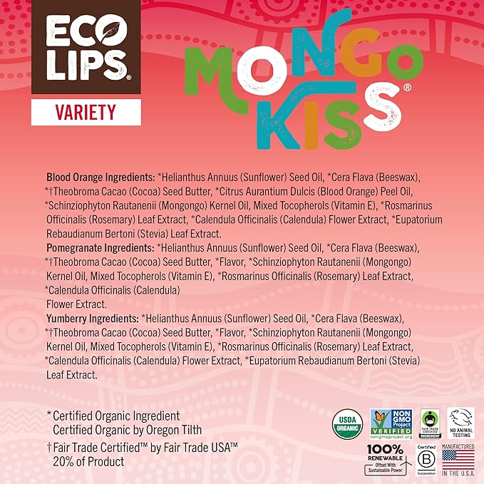 Mongo Kiss Organic Lip Balm 6-Pack by Eco Lips 100% Organic Beeswax & Cocoa Butter Lip Care with Mongongo Oil - Soothe & Moisturize Dry & Cracked Lips - Made in USA. (Pomegranate, Yumberry, Blood Oran-Velvo Beauty