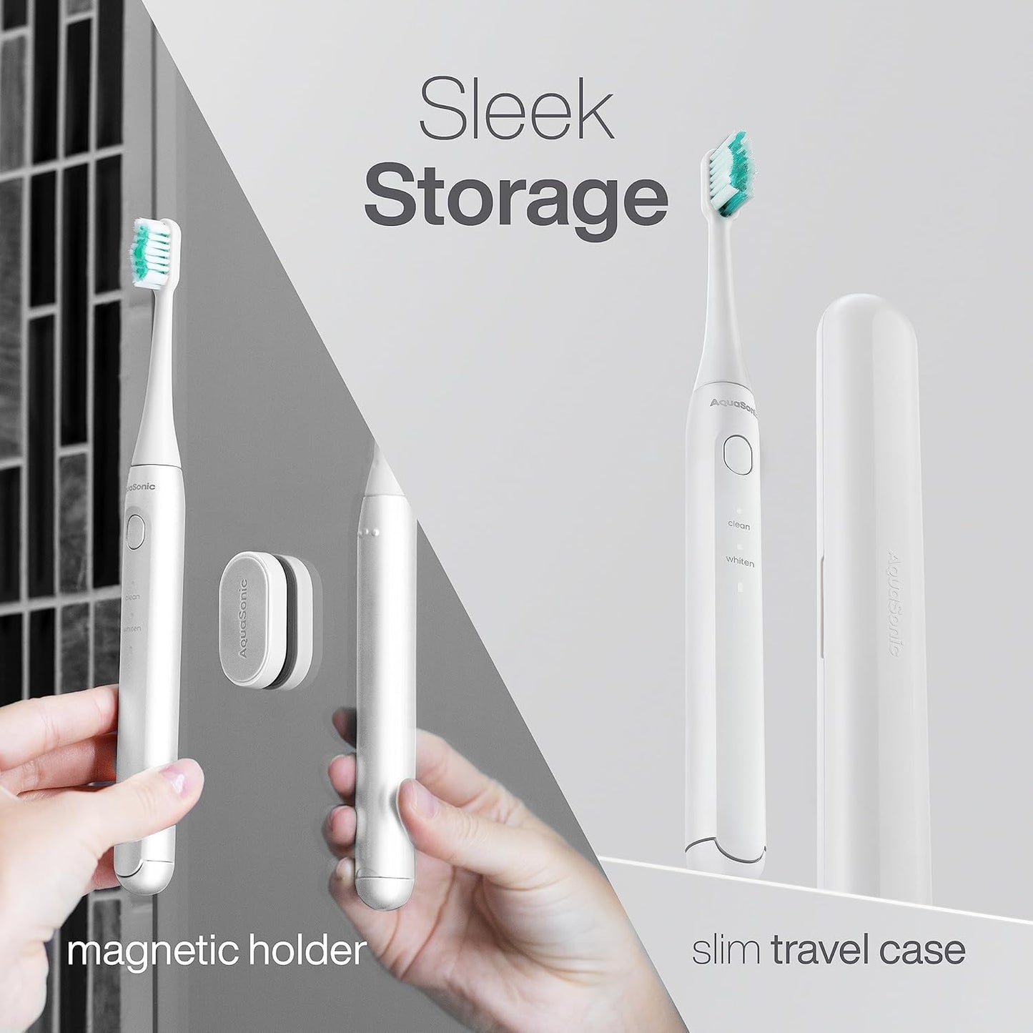 Aquasonic Icon ADA-Accepted Rechargeable Toothbrush | Magnetic Holder & Slim Travel Case | 2 Brushing Modes & Smart Timers | Gentle Micro-Vibrations (Pearl)-Velvo Beauty