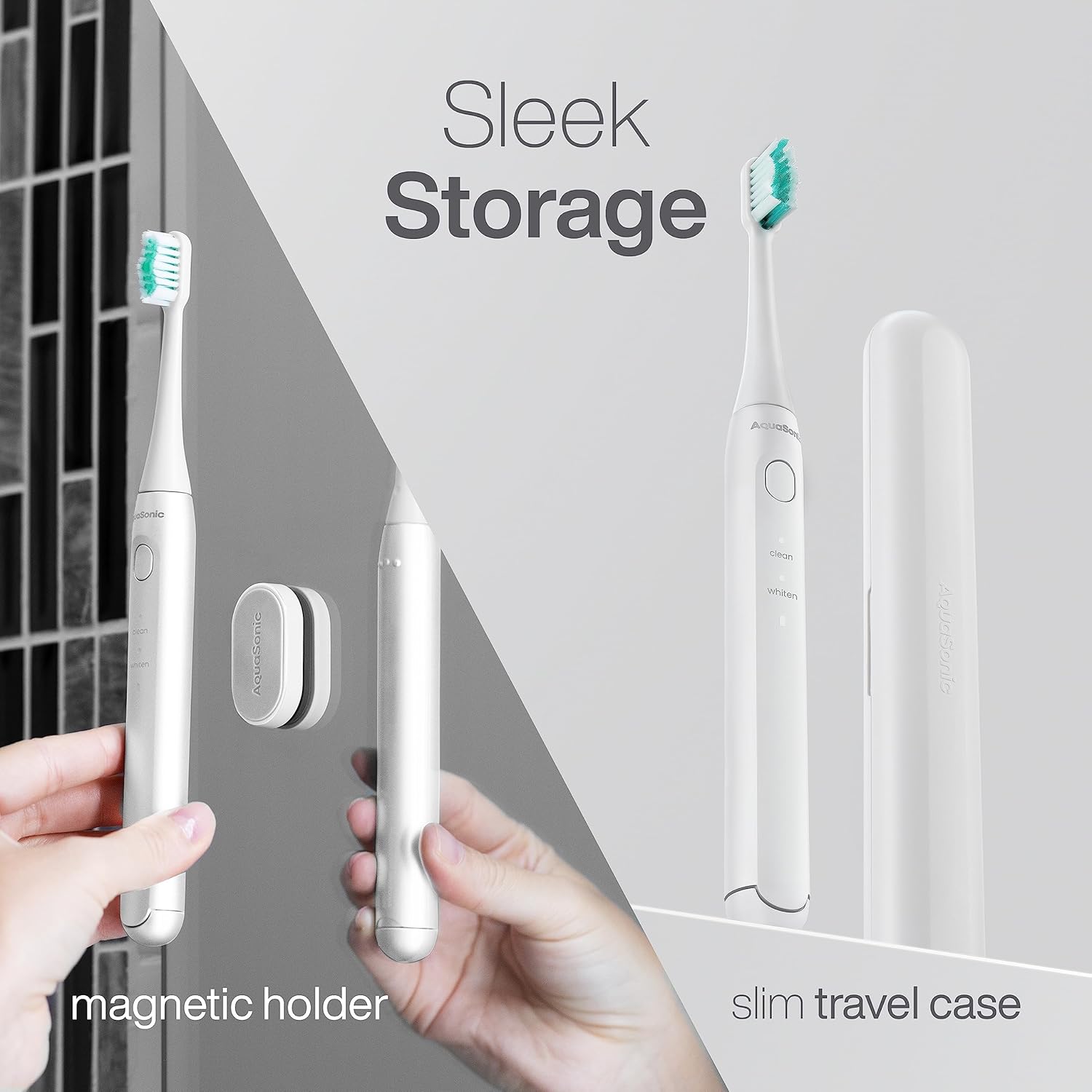 Aquasonic Icon ADA-Accepted Rechargeable Toothbrush | Magnetic Holder & Slim Travel Case | 2 Brushing Modes & Smart Timers | Gentle Micro-Vibrations (Pearl)-Velvo Beauty