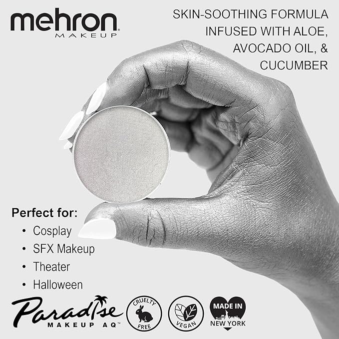 Mehron Makeup Paradise Makeup AQ Refill Size | Stage & Screen, Face & Body Painting, Cosplay, Halloween | Water Activated Face Paint, Body Paint, Cosplay Makeup .25 oz (7 ml) (Metallic Silver)-Velvo Beauty