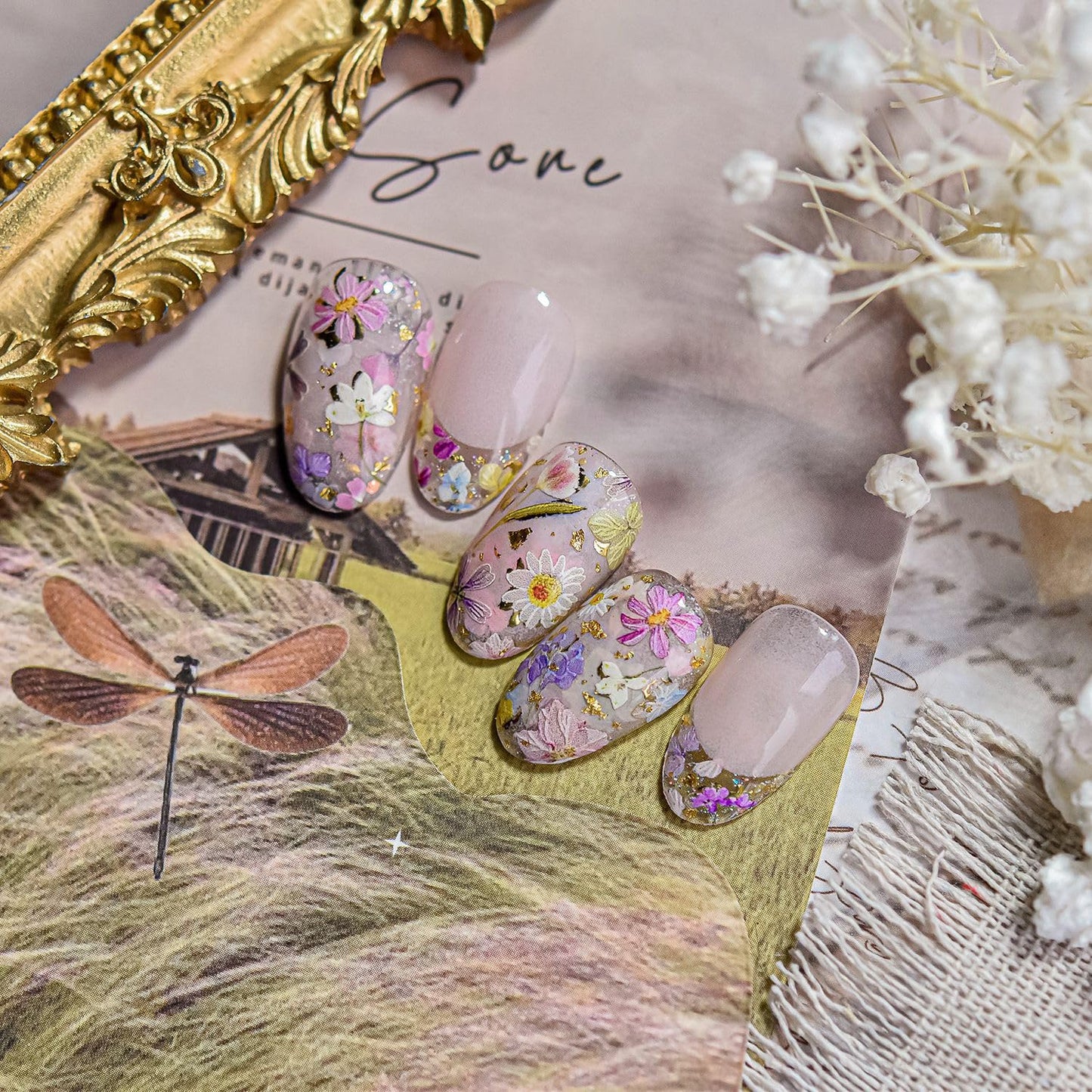 Flowers Nail Art Stickers Colorful Dried Flower Nail Decals 3D Self Adhesive Gold Foil Designs Spring Summer Nail Sticker Daisy Nail Stickers Cute Floral Nail Decal for DIY Nail Art Nails Decor Women-Velvo Beauty