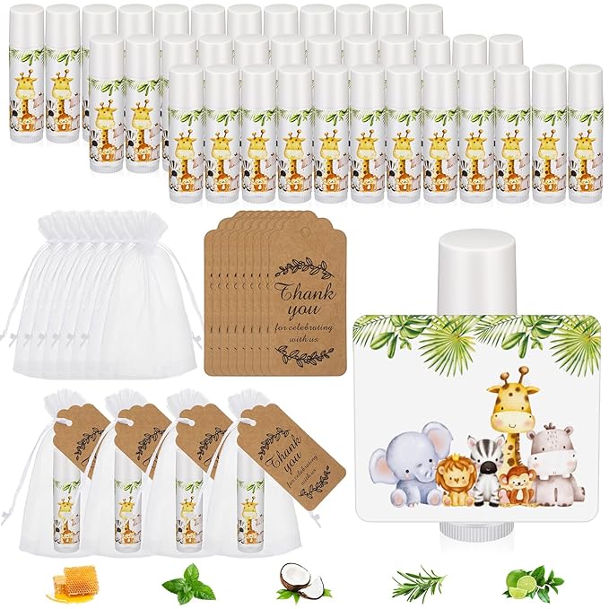 Fumete 50 Pack Jungle Animal Baby Shower Party Gifts Favors Bulk Lip Balms for Guests Boys Girls Neutral Gender Reveal Favors for Baby Shower Prizes Souvenirs Bags Stuffer Classroom Prizes-Velvo Beauty