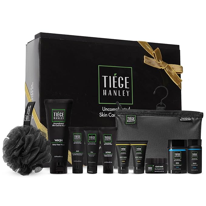 Tiege Hanley Mens Skin Care Gift Box Set, Gold - Men's Skincare Set with Face Wash, AM & PM Moisturizer, Scrub, Clay Mask, Body Wash, Deodorant, Anti Chafe Powder, Scrubber & Dopp Kit-Velvo Beauty