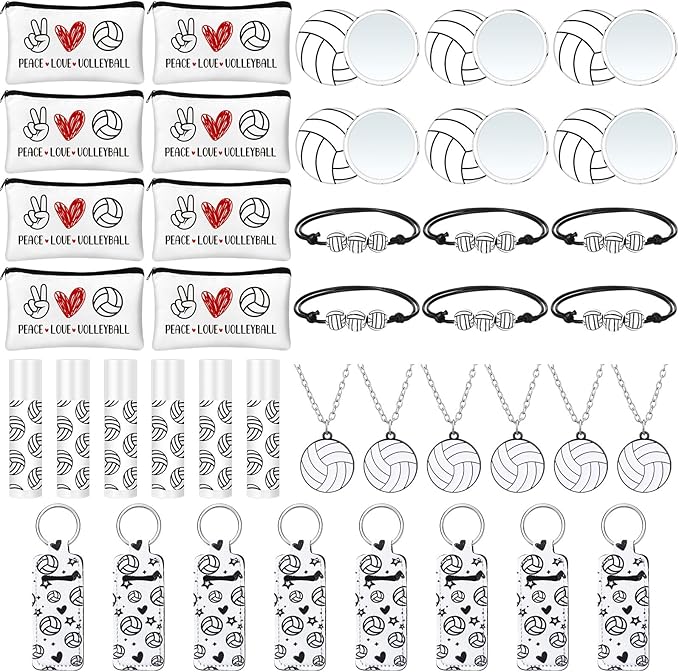72 Pcs Sports Team Gifts Include 12 Makeup Bags 12 Lip Balm 12 Lip Balm Holder 12 Necklace 12 Adjustable Bracelet 12 Mirrors for Sports Lovers Players Party Favors (White, Volleyball)-Velvo Beauty