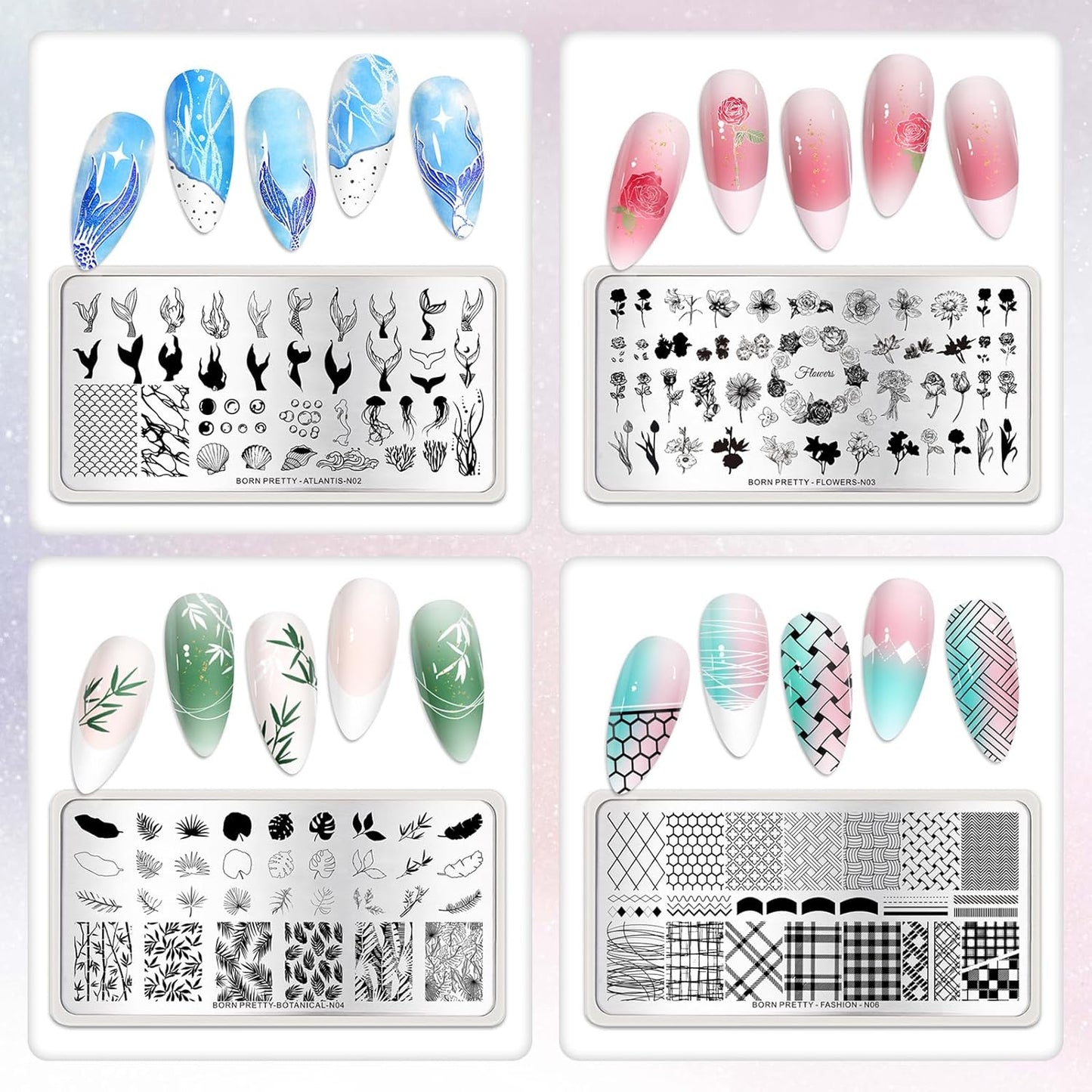 Born Pretty Nail Stamping Plates Set Nail Art Image Plates Plaid Flowers Leaves Geometric French Stamp Templates Kit Image Manicuring DIY Printing Tools 6PCS-Velvo Beauty