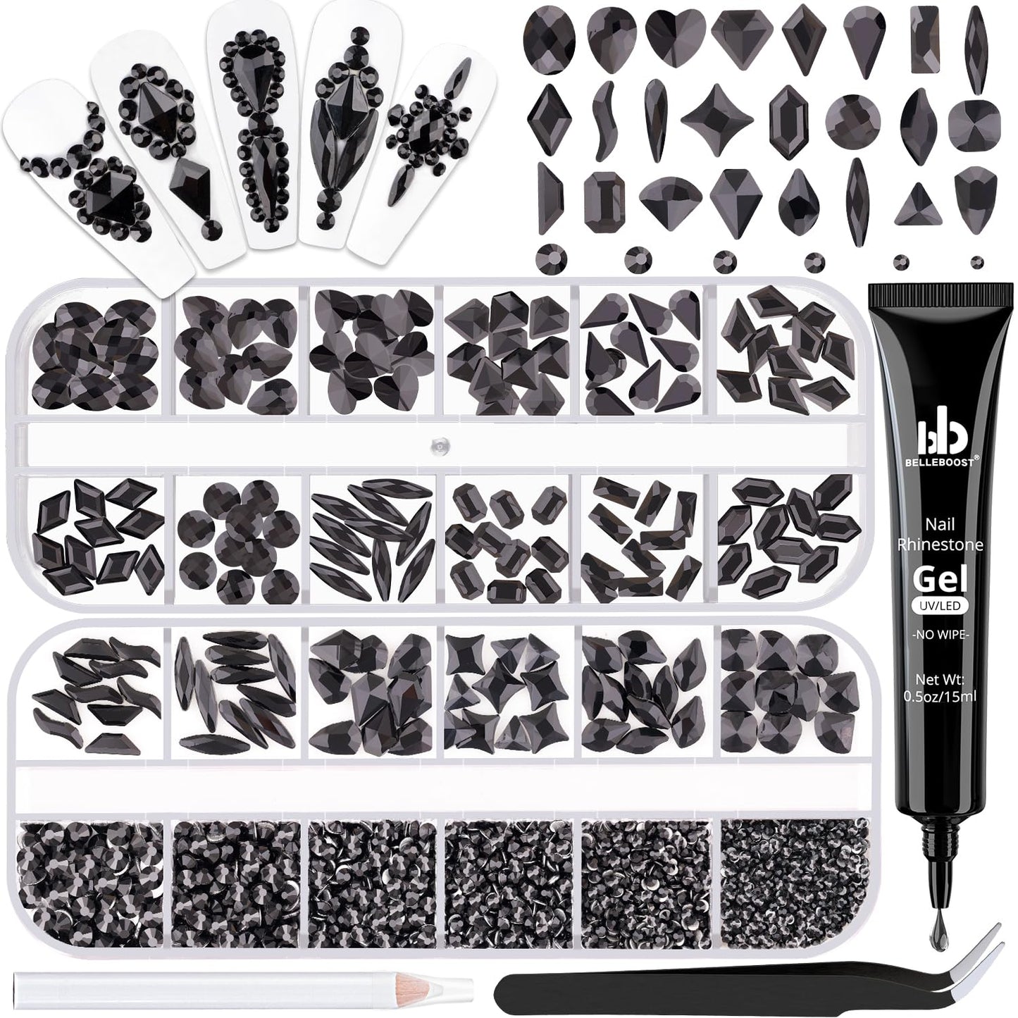 Glass Nail Rhinestones Multi-Shapes Flatback Gems, Round Crystal Glue Gel + 1500Pcs,arty Nails Diamond Gemstones-Velvo Beauty