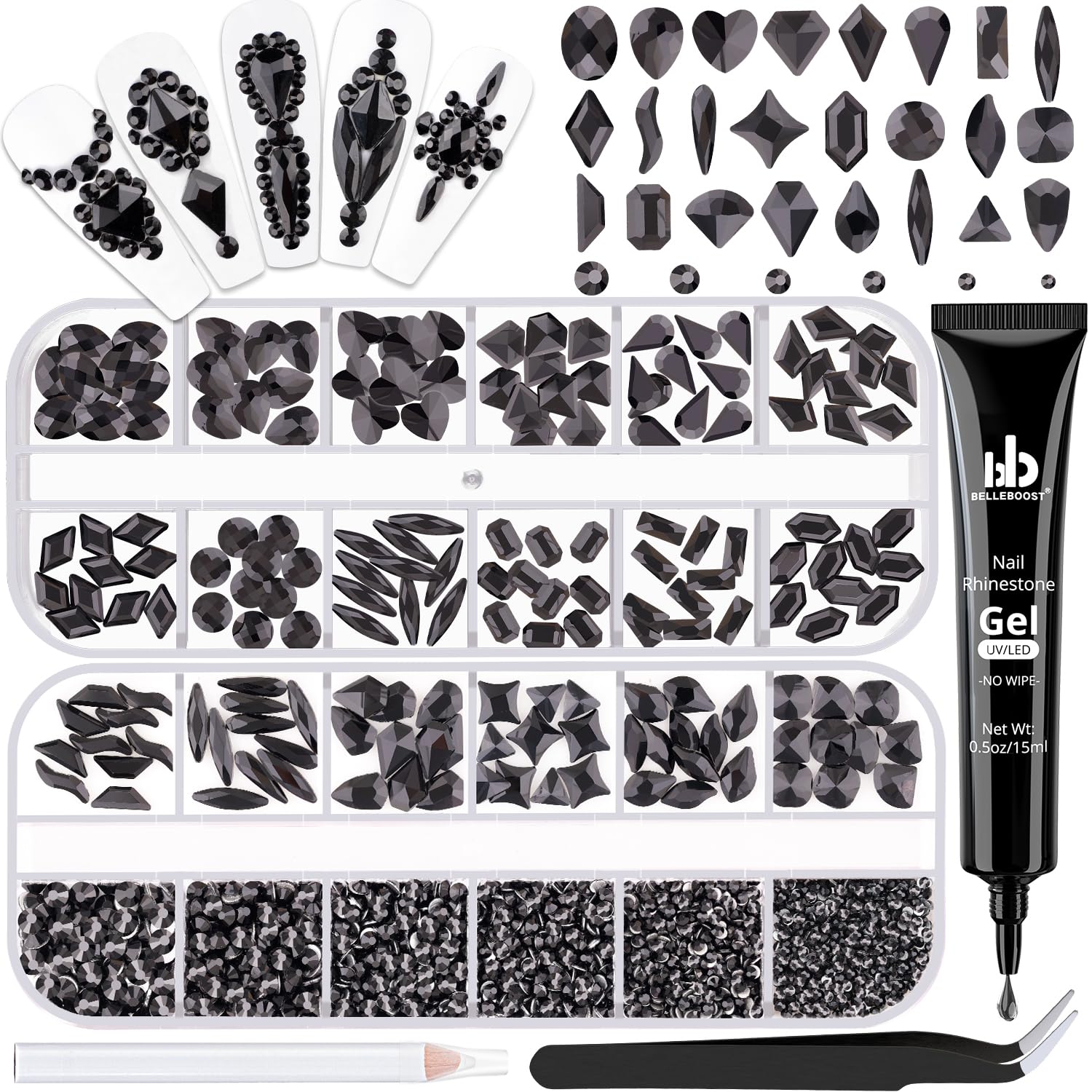 Glass Nail Rhinestones Multi-Shapes Flatback Gems, Round Crystal Glue Gel + 1500Pcs,arty Nails Diamond Gemstones-Velvo Beauty