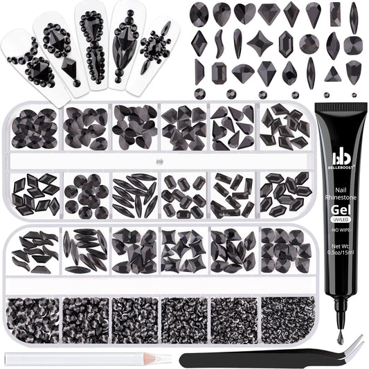 Glass Nail Rhinestones Multi-Shapes Flatback Gems, Round Crystal Glue Gel + 1500Pcs,arty Nails Diamond Gemstones-Velvo Beauty