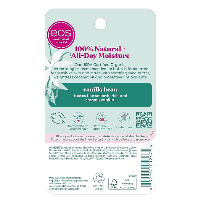 eos 100% Natural & Organic Lip Balm Sticks- Vanilla Bean, All-Day Moisture, Dermatologist Recommended, 0.14 oz, 2-Pack-Velvo Beauty