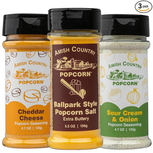 Amish Country Popcorn | Seasoning Variety Pack | 5.5 oz BallPark Style ButterSalt - 4.7 oz Cheddar Cheese & 4.7 oz Sour Cream and Onion Popcorn Seasoning-Velvo Beauty