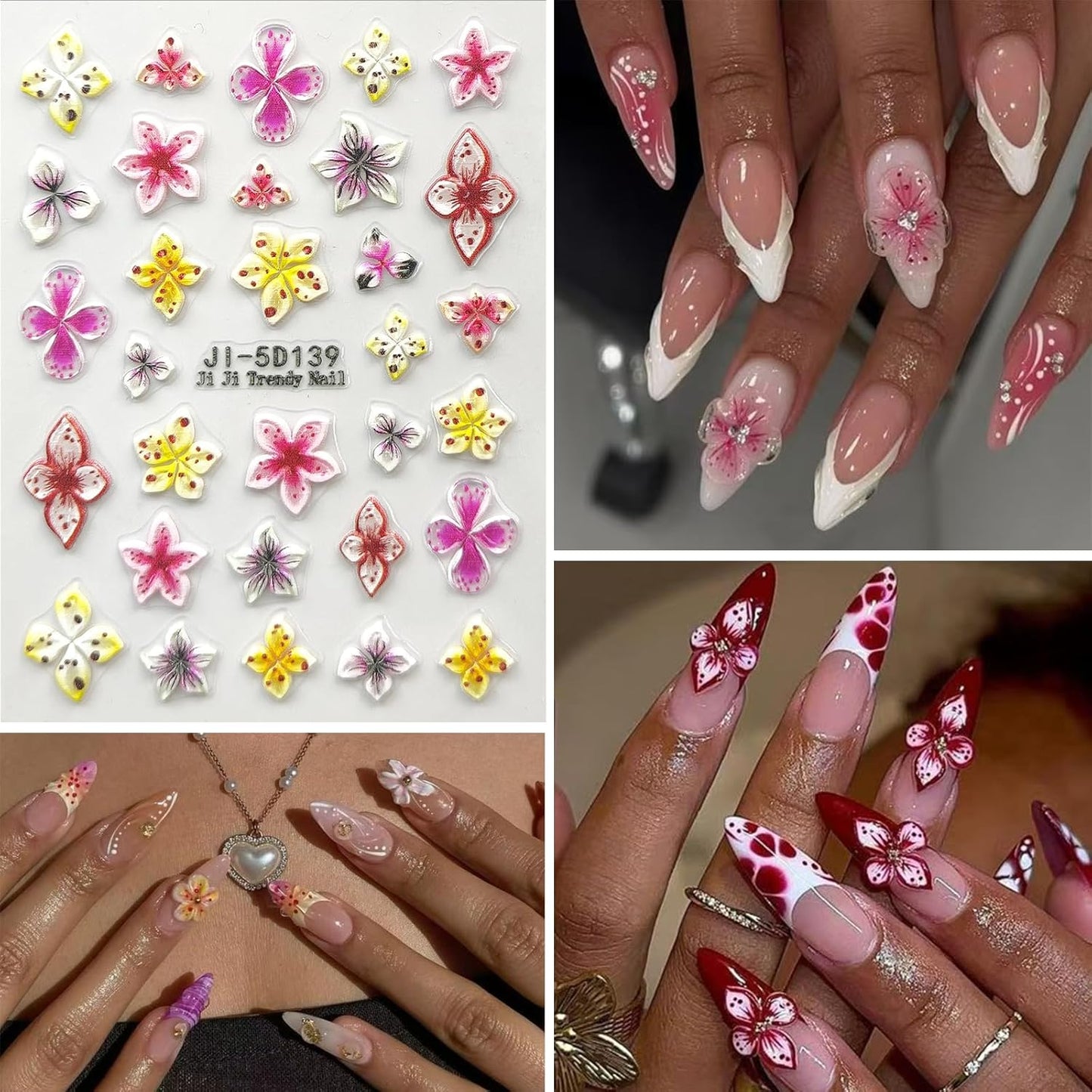 Flower Nail Art Stickers Decals 5D Embossed Nail Decals Spring Summer Pink Purple Nails Design Self-Adhesive Supplies Accessories 3D Flower for Women Nails DIY Decoration(5 Sheets)-Velvo Beauty