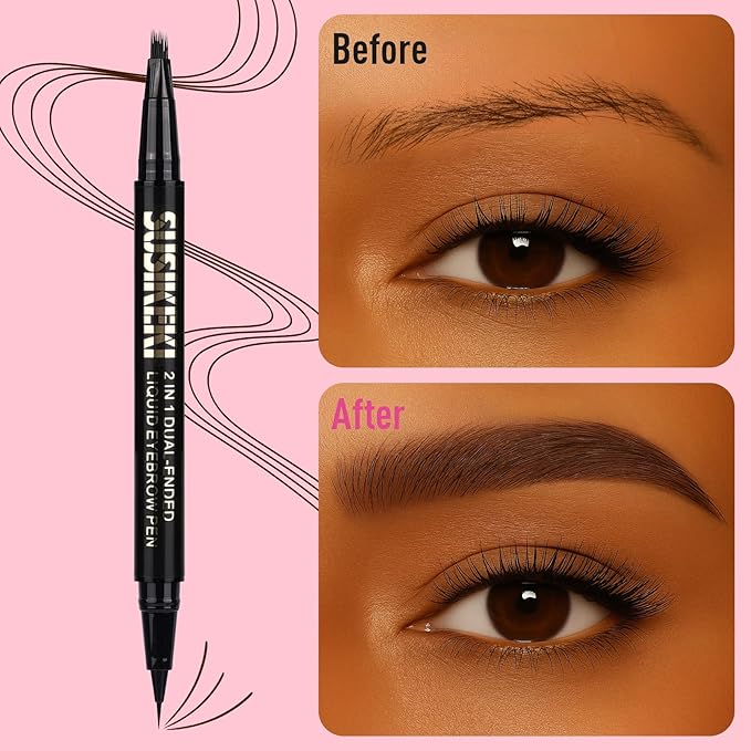 Dual Ended Microblading Eyebrow Pen - 2 in 1 Liquid Eyebrow Pencil with Brow-Fection Angled Brush & Precise Detail Brush-Tip, Shapes & Fills Hair-Like Brows, Lasts All-Day, Black Brown-Velvo Beauty