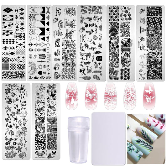 AddFavor Nail Stamper Kit 8pcs Nail Stamping Plates Flower Leaves Geometric Butterfly Image Nail Stencils with Silicone Stamp and Scraper for Women Girls Summer Nail Art Design Supplies Tools-Velvo Beauty