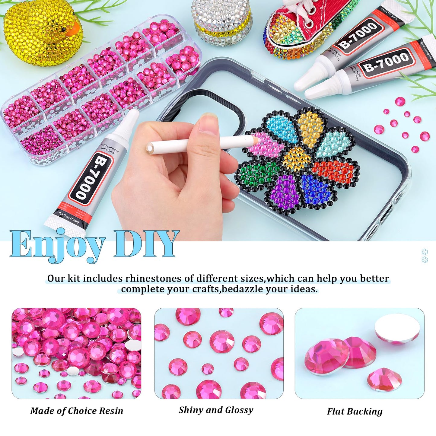 6000Pcs Resin Rhinestones for Bedazzling with 3Pcs B7000 Jewelry Glue, 1 Box Hot Pink Flatback Rhinestones for Crafting Crafts DIY, Crystals Gems for Clothing Shoes Tumblers Nail Art Makeup-Velvo Beauty