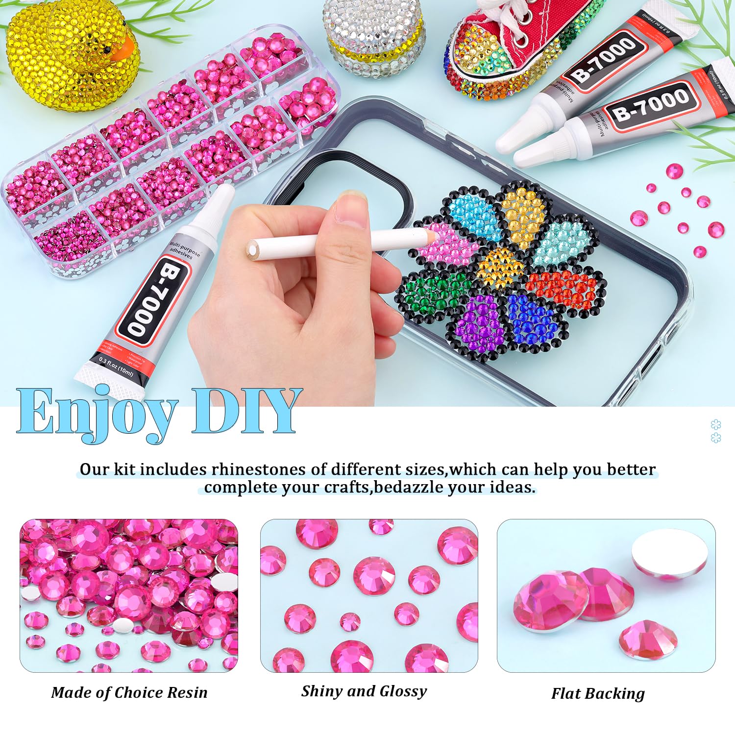 6000Pcs Resin Rhinestones for Bedazzling with 3Pcs B7000 Jewelry Glue, 1 Box Hot Pink Flatback Rhinestones for Crafting Crafts DIY, Crystals Gems for Clothing Shoes Tumblers Nail Art Makeup-Velvo Beauty