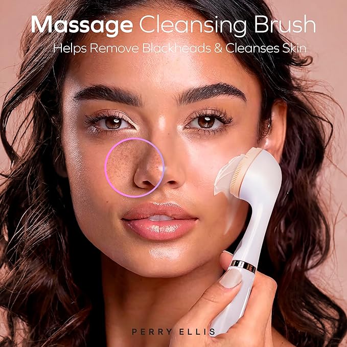 Perry Ellis 3-in-1 Beauty Brush with Silicone Face Cleanser, Makeup Applicator, and Metallic Eye-Massaging Plate, IPX6 Water-Resistant Electric Skincare Accessory with 3 Vibrating Modes and Stand-Velvo Beauty