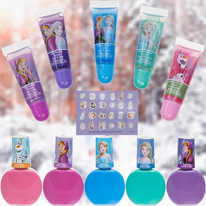Disney Frozen 2 - Townley Girl Super Sparkly Cosmetic Makeup Set for Girls with Lip Gloss Nail Polish Nail Stickers - 11 Pcs|Perfect for Parties Sleepovers Makeovers| Birthday Gift for Girls 3 Yrs+-Velvo Beauty