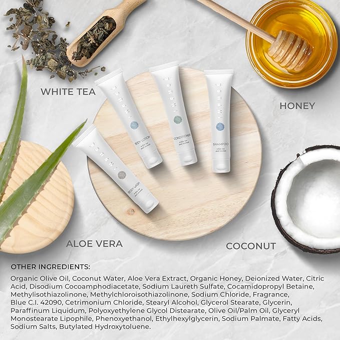 Infuse White Tea & Coconut Hotel Toiletries Bulk Set | 1-Shoppe Amenities Kit | 1oz Shampoo & Conditioner, Body Wash, Lotion | Travel Size | 80 Pieces-Velvo Beauty