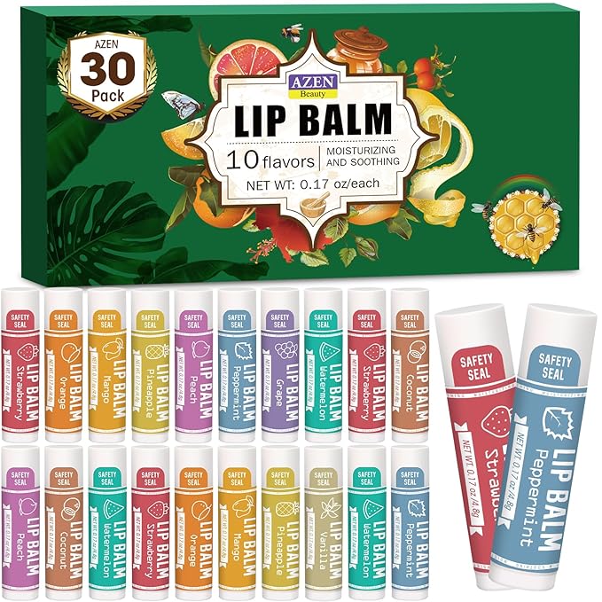 AZEN 30 Pack Lip Balm, Natural Lip Balm Bulk, Lip Care Product, Moisturizing Lip Balm for dry cracked lips - 10 Flavors-Velvo Beauty