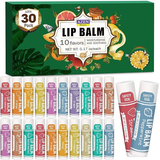 AZEN 30 Pack Lip Balm, Natural Lip Balm Bulk, Lip Care Product, Moisturizing Lip Balm for dry cracked lips - 10 Flavors-Velvo Beauty