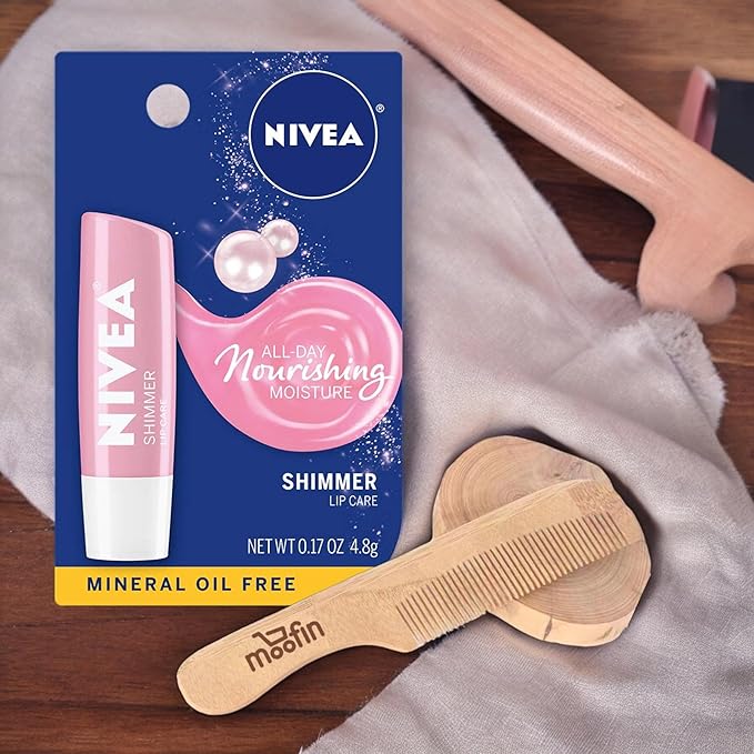 Nivea Lip Balm Shimmer Lip Care, 0.17 Oz Stick For Soft, Radiant Lips, Long-Lasting Hydration With Pearly Shimmer, Mineral Oil-Free, Lip Balm Hydrating - Bundles With Wooden Comb, [Pack Of 5]-Velvo Beauty