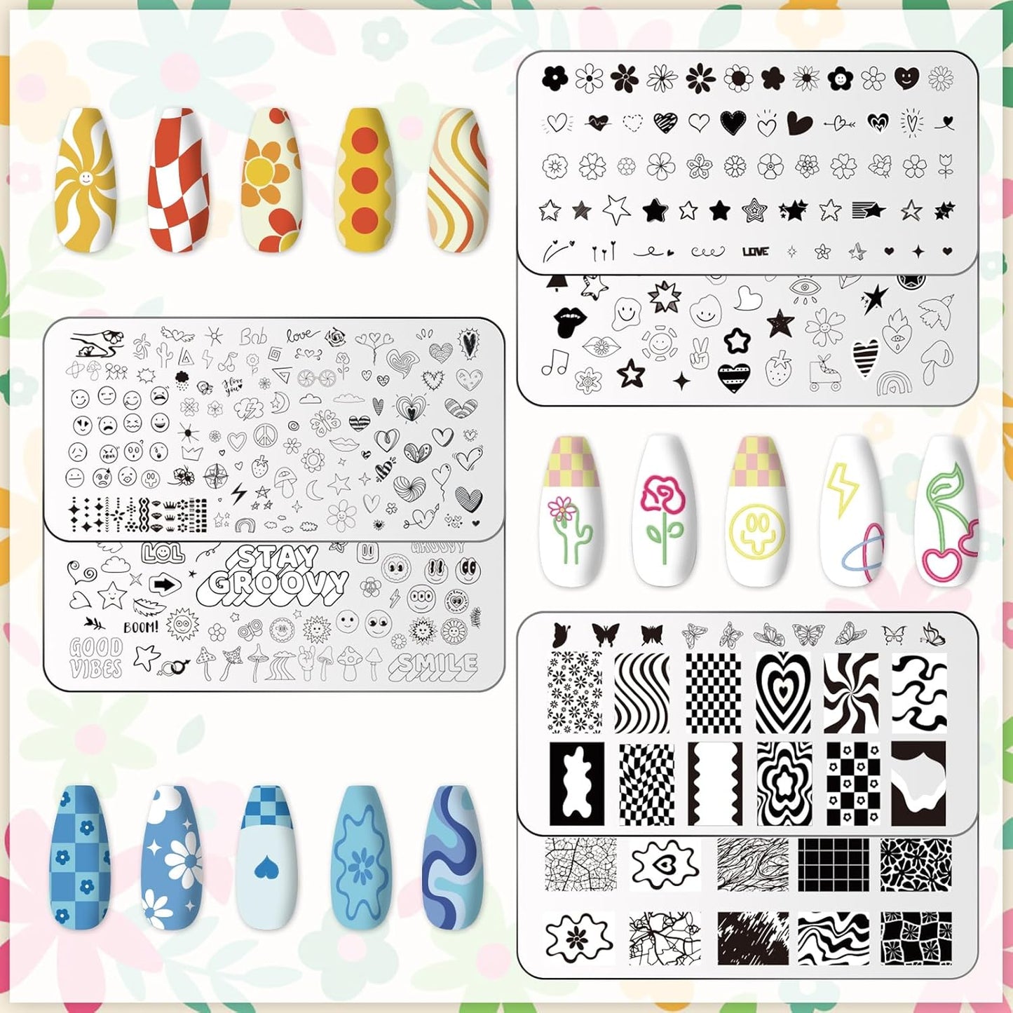 Whaline 6Pcs Preppy Nail Plates Stamping Set Heart Flower Butterfly Star Smiling Stamp Templates Groovy Nail Art Plates for DIY Print Manicure Salon Design Gift-Velvo Beauty