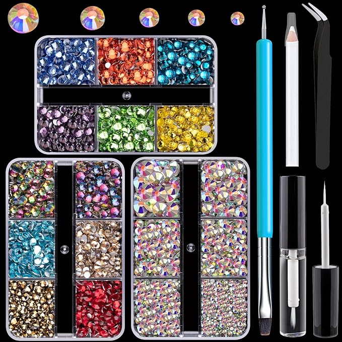 Colorful Face Gems for Makeup Set, Flatback Gorgeous AB Glass Gems+Mixed-Colored Crystals with Picker Pencil, Makeup Glue, Dual-End Dotting Tool, Tweezer for Eye Body Hair Make-up and Nail Art Deco-Velvo Beauty