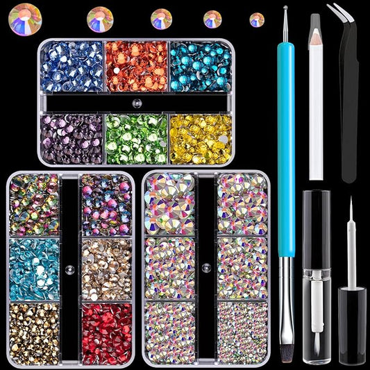 Colorful Face Gems for Makeup Set, Flatback Gorgeous AB Glass Gems+Mixed-Colored Crystals with Picker Pencil, Makeup Glue, Dual-End Dotting Tool, Tweezer for Eye Body Hair Make-up and Nail Art Deco-Velvo Beauty