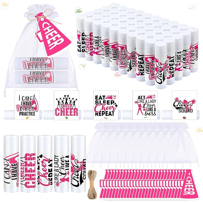 50 Sets Cheer Gifts Bulk 50 Cheer Lip Balm Bulk Moisturizing with 50 Organza Drawstring Gift Bags 50 tags Cheerleader Gifts Cheer Gifts Bulk for Team (Pink)-Velvo Beauty