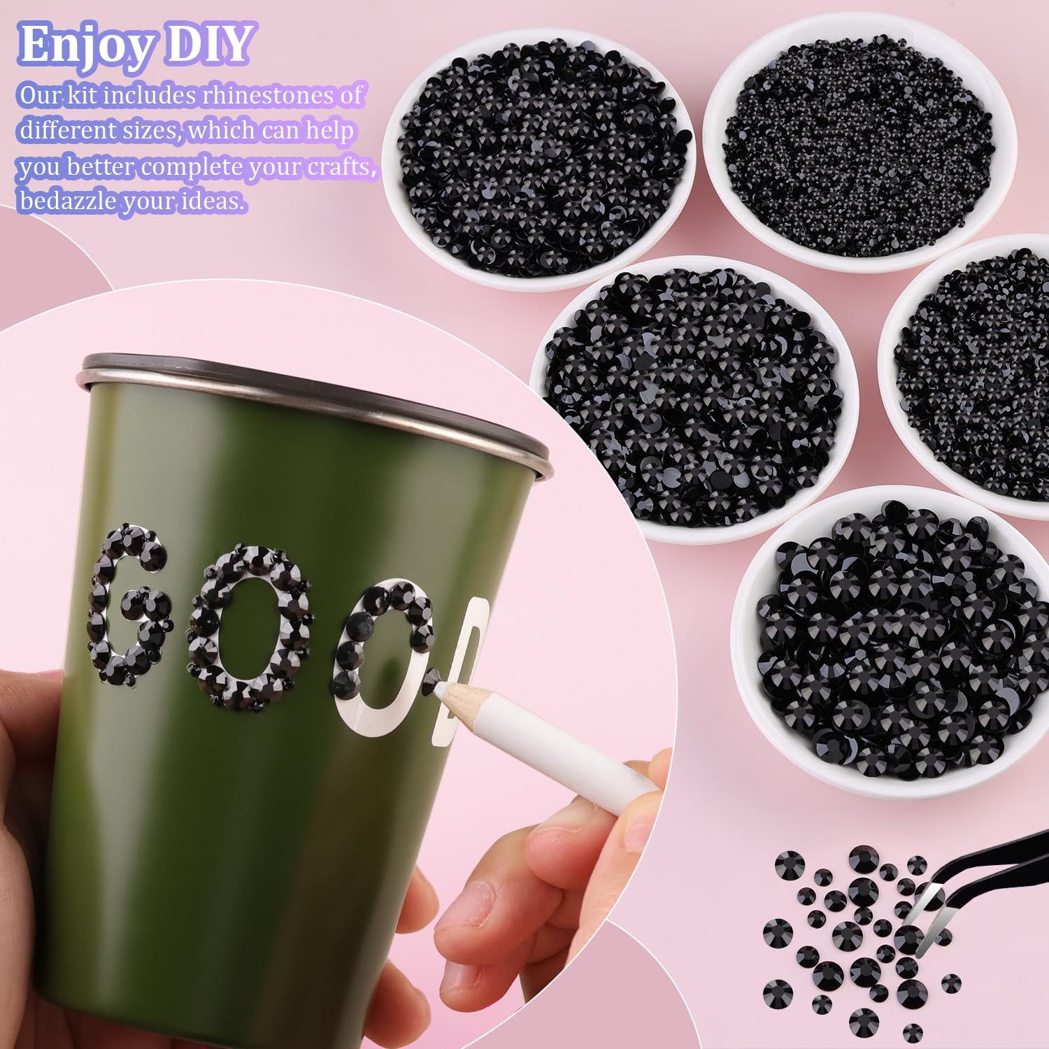 30000Pcs Black Rhinestones for Bedazzling with B7000 Jewelry Glue, Bedazzler Kit Flatback Gems, Resin Rhinestones for Crafting Crafts Clothing Shoes Fabric Nail Art Assorted Size 2/3/4/5/6mm-Velvo Beauty