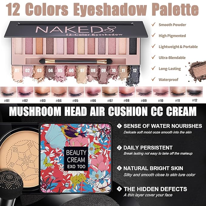 All in One Makeup Kit,Includes Naked Eyeshadow,CC Cream,Liquid Foundation,Lipstick Set,Mascara,Makeup Brush,Makeup Sponge,Eyebrow Pencil,Eyebrow Soap,Eyeliner Stamp, Primer,Contour Stick,Cosmetic Bag-Velvo Beauty