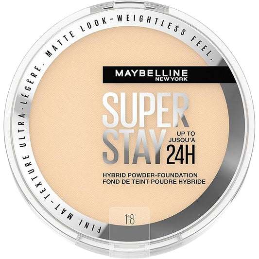 Maybelline Super Stay Up to 24HR Hybrid Powder-Foundation, Medium-to-Full Coverage Makeup, Matte Finish, 118, 1 Count-Velvo Beauty