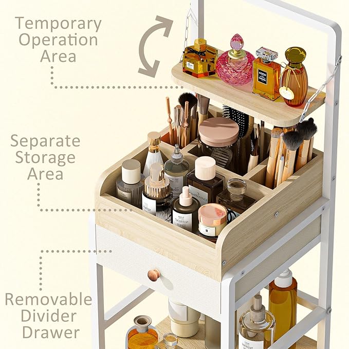 Wisdom Star Makeup Organizer Cart with 2 Drawers, Floor Skincare Organizers, Makeup Storage, Vanity Organizer, Cosmetics Display, Versatile Skin care Perfume Nail Polish Storage Rack for Bathroom-Velvo Beauty