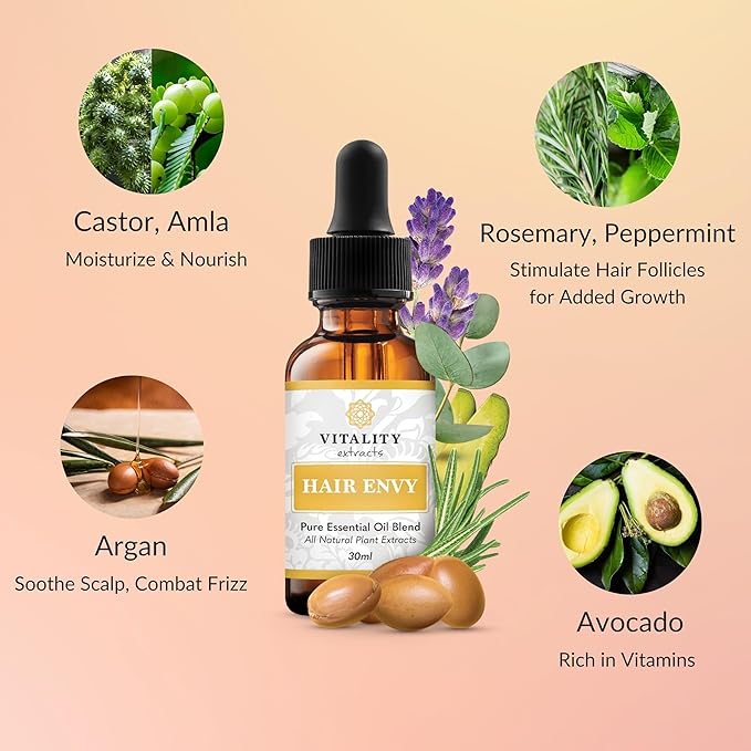 Vitality Extracts Hair Envy - Natural Hair Growth Serum - 100% Pure Essential Oils, 15 Plant Extracts, No Synthetics, No Parabens - Strengthen Hair, Minimize Breakage, Stimulate Follicles-Velvo Beauty