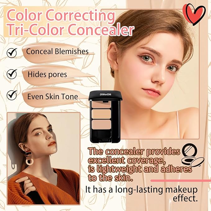 3 Colors Corrector Palette,Moisturizing Long Lasting Waterproof Cream Contour Makeup Palette,Color Correcting Concealer,Natural Flawless Full Coverage Liquid Foundation Set with Makeup Brushes-Velvo Beauty