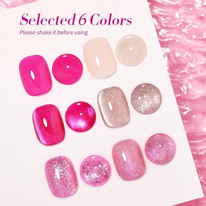 Born Pretty Gel Nail Polish Pink Series,Jelly Transparent Gel Polish, Cat Magnetic Eye,Holographic Glitter Hot Pink Nude Gel Polish for Salon Manicure and Nail Art DIY at Home 6 Colors-Velvo Beauty