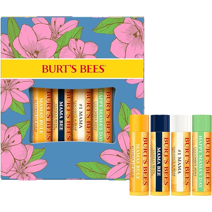 Burt's Bees Lip Balm Mothers Day Gifts for Mom - Balm Bouquet Set, Original Beeswax, Vanilla Bean, Cucumber Mint, Coconut & Pear Pack, Natural Origin Lip Treatment With Beeswax, 4 Tubes, 0.15 oz.-Velvo Beauty