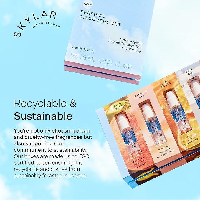 Skylar Perfume Discovery spray Sampler Set - Peach Fields, Vanilla Sky, Lime Sands, Salt Air, Coconut Cove - Hypoallergenic & Clean Perfume for Women & Men - 5 1.5mL-Velvo Beauty