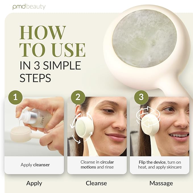 PMD Beauty Clean Pro Jade - Smart Facial Cleansing Device with Silicone Brush & Jade Gemstone ActiveWarmth Anti-Aging Massager - Waterproof - SonicGlow Vibration - Clear Pores & Blackheads-Velvo Beauty