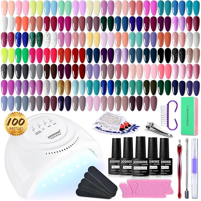 JODSONE 100 PCS Gel Nail Polish Starter Kit with U V Light 95 Colors Macarons Combined with Dark Colors Nail Gel No Wipe Base Coat Top Matte Coat Long Lasting Shine-Velvo Beauty
