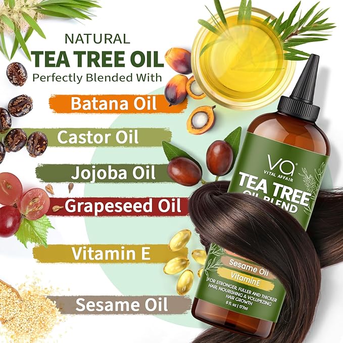 Tea Tree Oil For Hair With Jojoba, Castor, Batana Oil - Tea Tree Hair And Scalp Treatment - Hair Oil For Dandruff - Helps Strengthen, Volumize & Promotes Hair Growth - 6 Fl Oz-Velvo Beauty